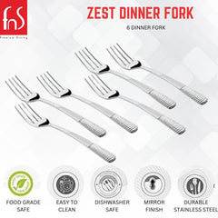FnS Zest dinner fork set promotional image showing six forks with product features listed