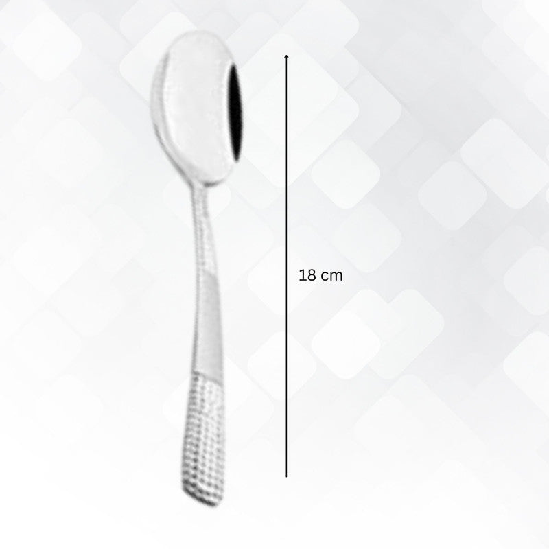 FNS Zest dinner spoon with 18cm measurement scale, displaying textured handle design and mirror finish perfect for elegant dining and everyday use.