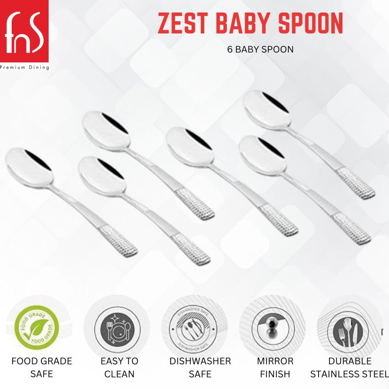 FNS Zest baby spoon set infographic highlighting food grade safe, easy to clean, dishwasher safe, mirror finish, and durable stainless steel features.