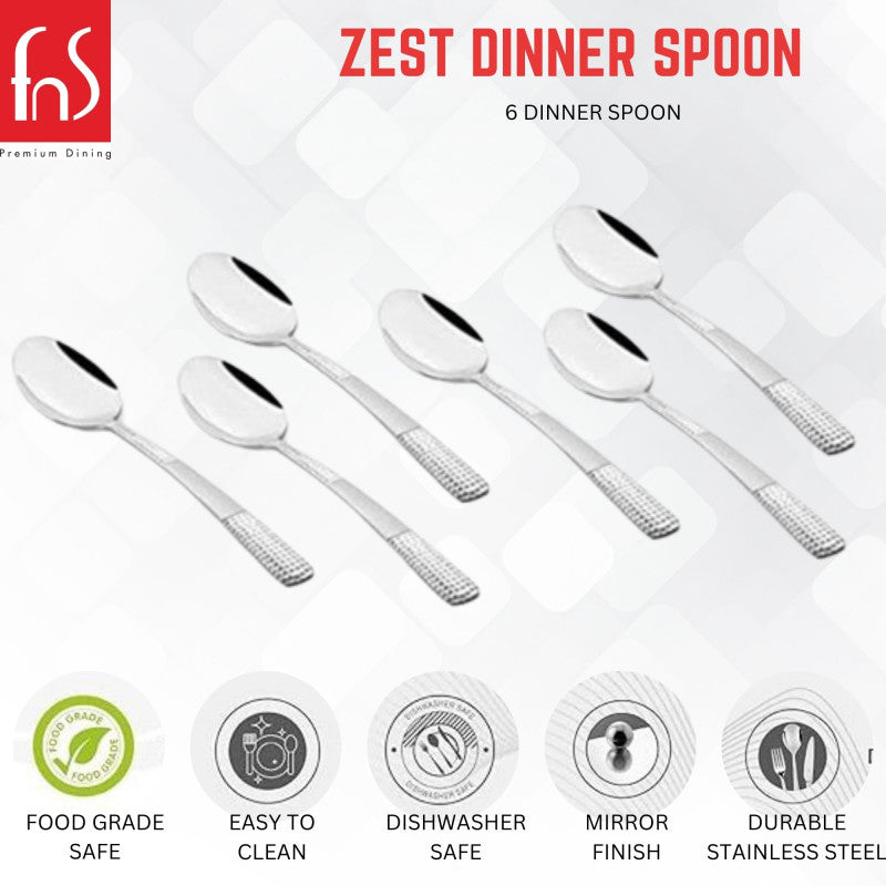 FNS Zest dinner spoon set infographic highlighting food grade safe, easy to clean, dishwasher safe, mirror finish, and durable stainless steel features.