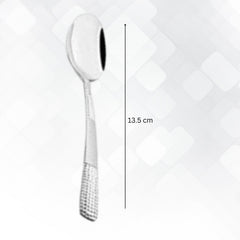 Zest Teaspoon individual measurement showing 13.5cm length with polished stainless steel bowl and decorative textured handle design for premium service.