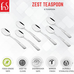 Zest Teaspoon set of six stainless steel teaspoons with textured handles and mirror finish, featuring food-grade safe, easy-to-clean, dishwasher-safe, and durable construction icons.