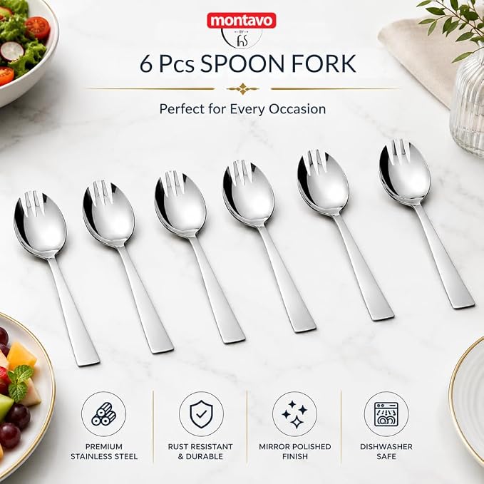 Montavo by FnS Milan 6-piece stainless steel spork set with mirror finish, rust resistance and dishwasher-safe design.