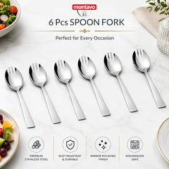 Montavo by FnS Milan 6-piece stainless steel spork set with mirror finish, rust resistance and dishwasher-safe design.