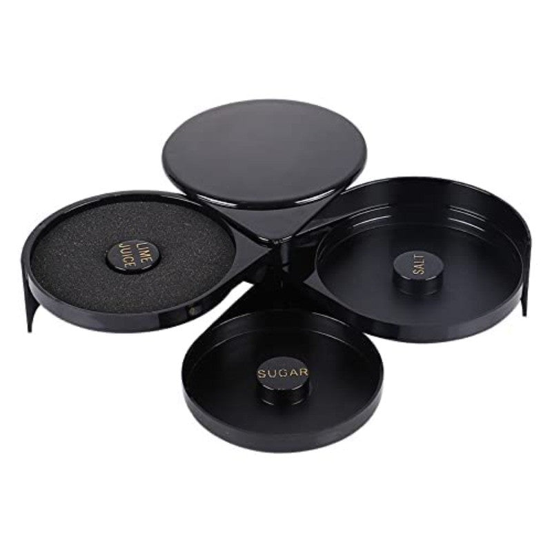 Four-compartment cocktail rimmer fully opened showing all trays labeled with salt, sugar, and lime juice