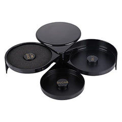 Four-compartment cocktail rimmer fully opened showing all trays labeled with salt, sugar, and lime juice