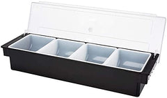 Empty four-compartment condiment organizer with black base, white plastic inserts, and transparent hinged cover on white background