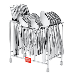 Full stainless steel cutlery set stored in metal rack with Montavo branding, isolated on white background.