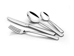 One fork, knife, dinner spoon, and baby spoon placed in a cross layout on white background.