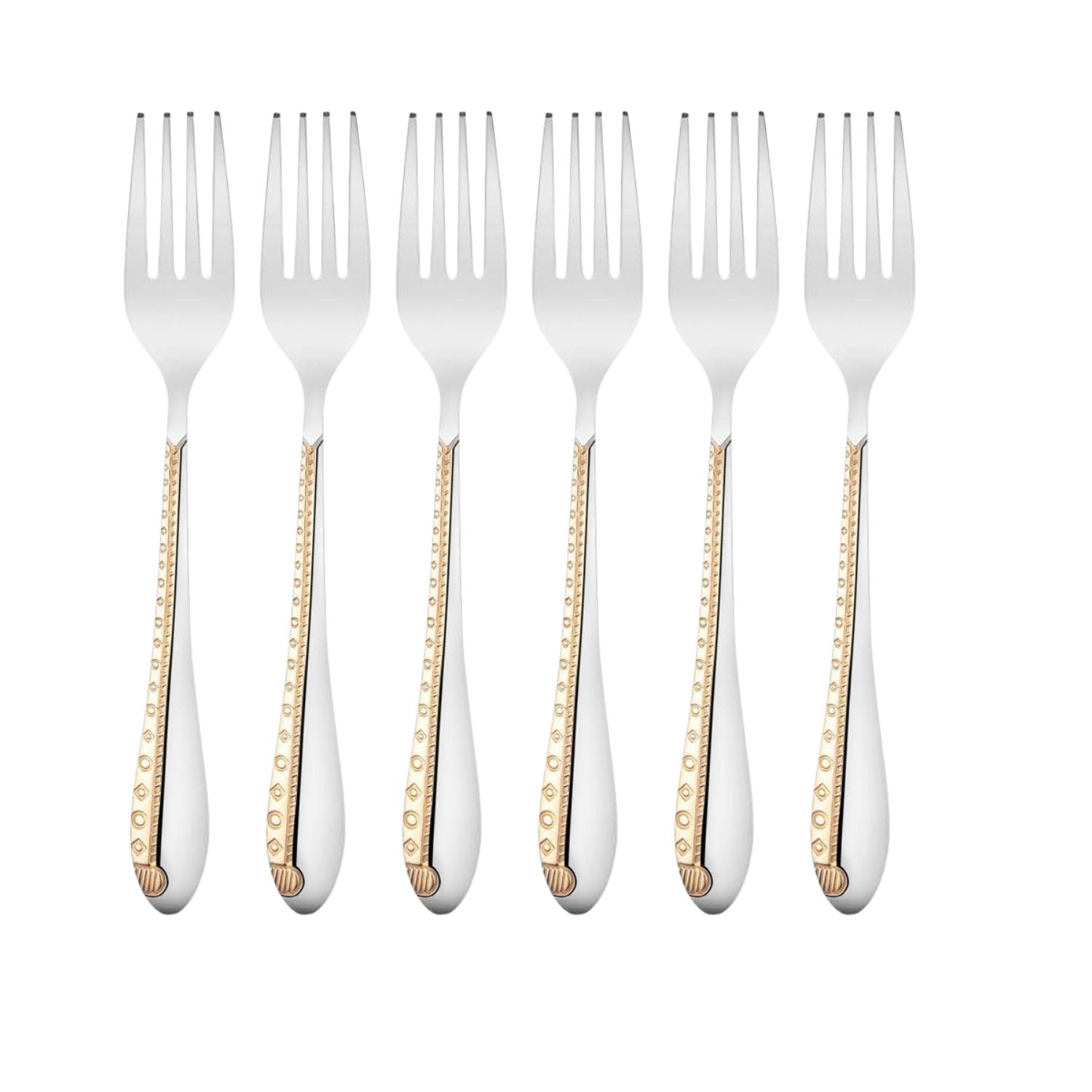 Six elegant dinner forks featuring decorative gold pattern handles arranged in parallel formation