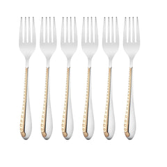 Six elegant dinner forks featuring decorative gold pattern handles arranged in parallel formation