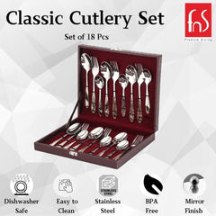 Classic 18-piece stainless steel cutlery set in elegant case, dishwasher safe with mirror finish.