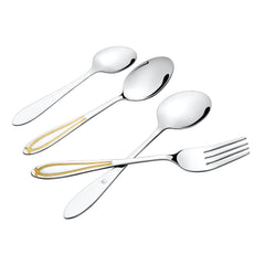 Stainless steel fork and three spoons with gold accent handles arranged diagonally on a white background for modern presentation.