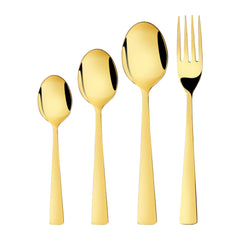Straight-on view of four golden utensils—two spoons, a fork, and a teaspoon—on white background.
