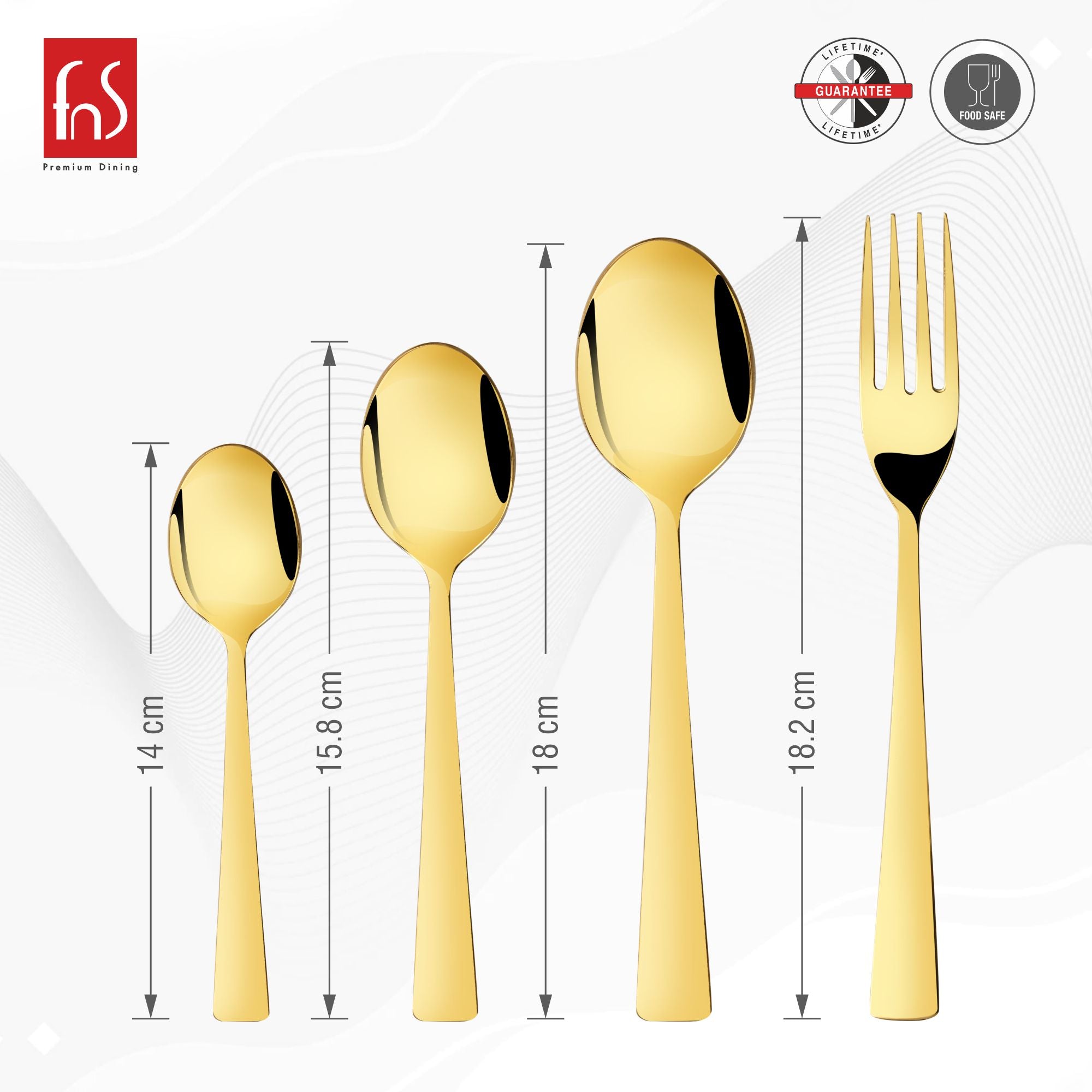 Four gold cutlery items shown with measurements: baby spoon, teaspoon, dinner spoon, and dinner fork.