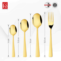 Four gold cutlery items shown with measurements: baby spoon, teaspoon, dinner spoon, and dinner fork.