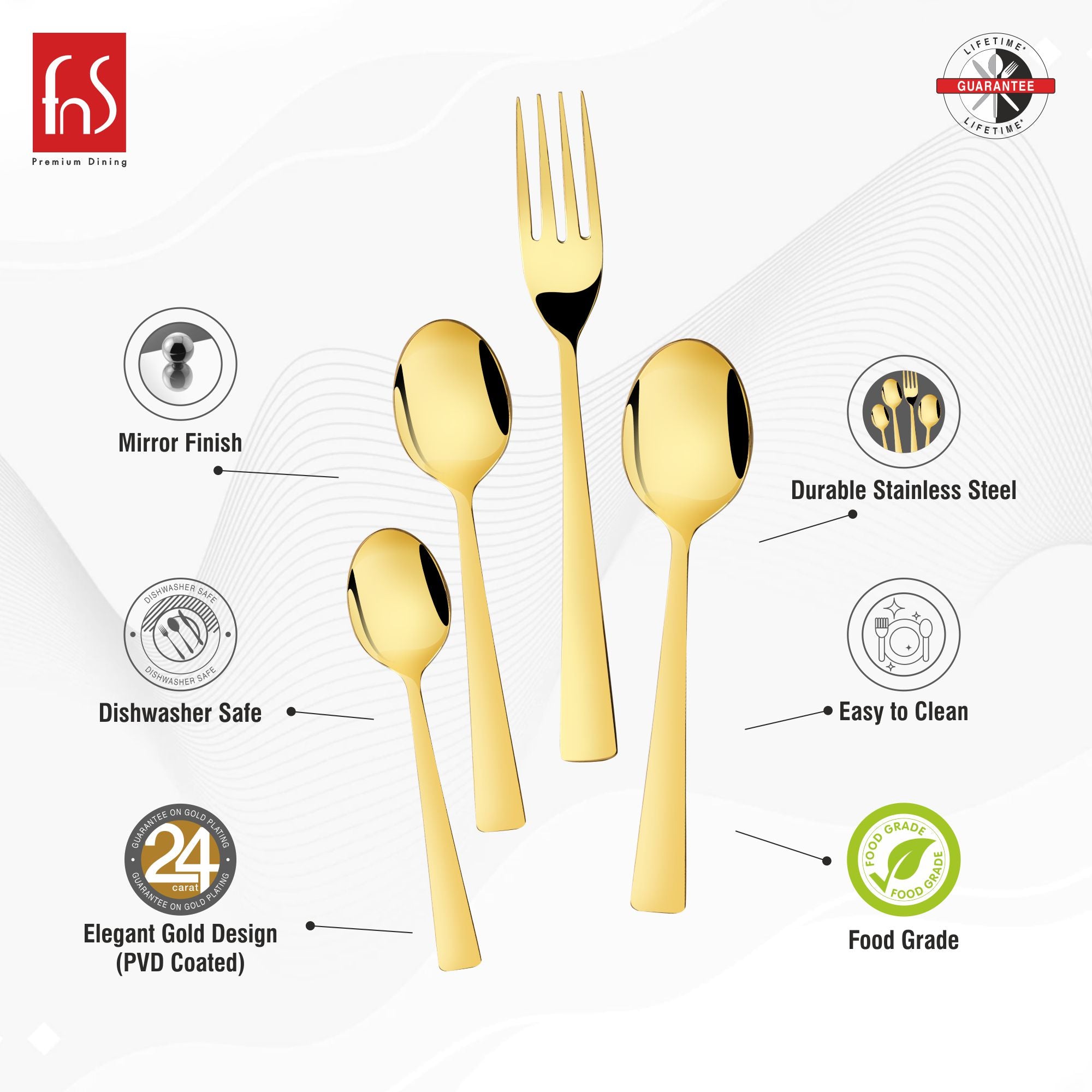 Gold cutlery set displayed with icons showing mirror finish, food safety, durability, and elegant design.