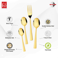 Gold cutlery set displayed with icons showing mirror finish, food safety, durability, and elegant design.