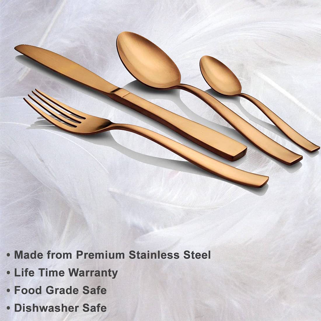 Four-piece rose gold cutlery set displayed with text highlighting stainless steel and dishwasher safety features.