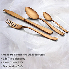 Four-piece rose gold cutlery set displayed with text highlighting stainless steel and dishwasher safety features.