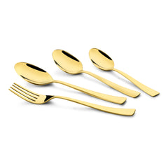 Four-piece golden flatware set with sleek modern design, displayed diagonally on clean white background.