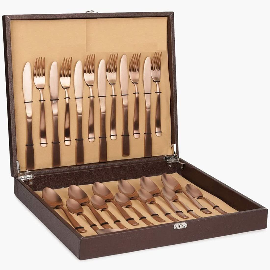 Elegant rose gold cutlery set displayed in an open brown box with multiple forks, knives, spoons.