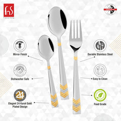 Silver cutlery set with 24K gold-plated textured handles, food grade, mirror finish, dishwasher safe.