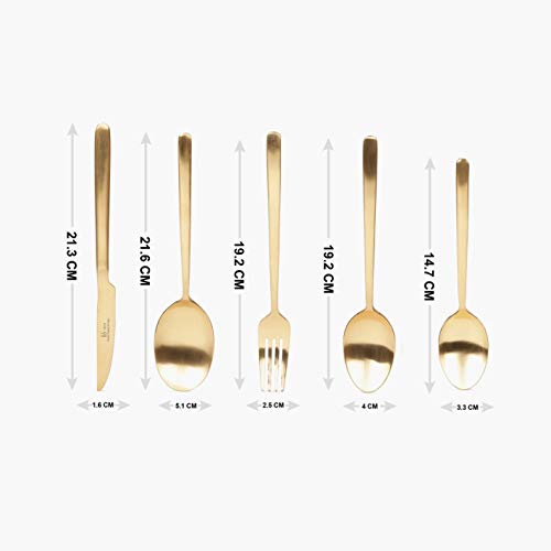 Gold flatware set with labeled dimensions for knife, spoons, and fork shown on white background.
