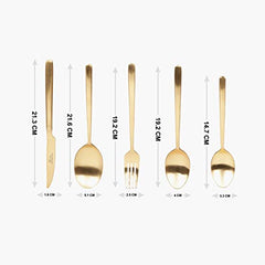 Gold flatware set with labeled dimensions for knife, spoons, and fork shown on white background.