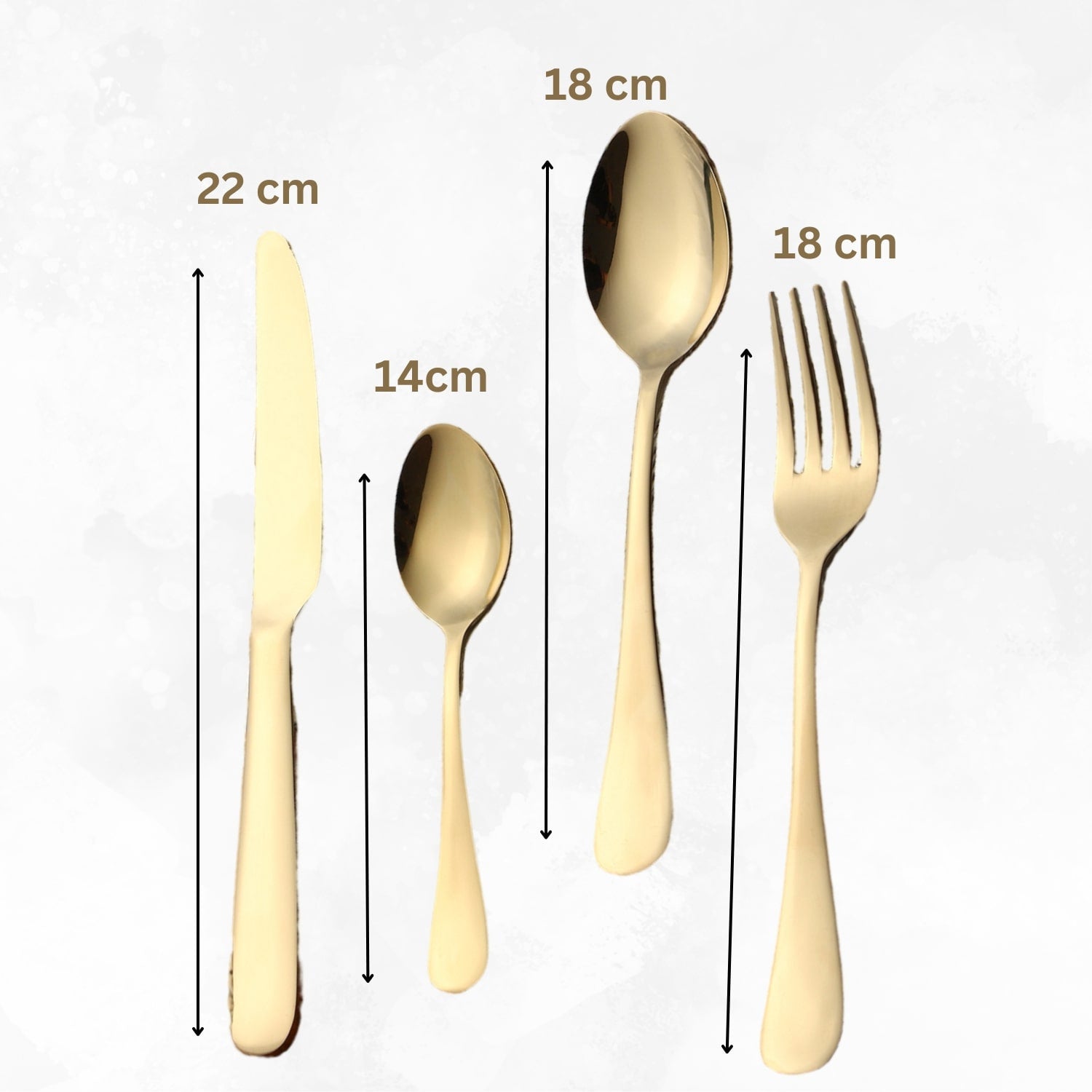 Four gold cutlery items shown vertically with size labels: knife, teaspoon, dinner spoon, and dinner fork.