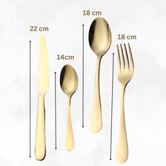 Four gold cutlery items shown vertically with size labels: knife, teaspoon, dinner spoon, and dinner fork.