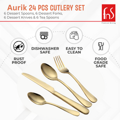 Gold cutlery set labeled rustproof, dishwasher safe, easy to clean, and food-grade safe with icons.