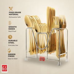 Gold cutlery set in steel stand featuring food-grade, rustproof, mirror-finish utensils with smooth edges.