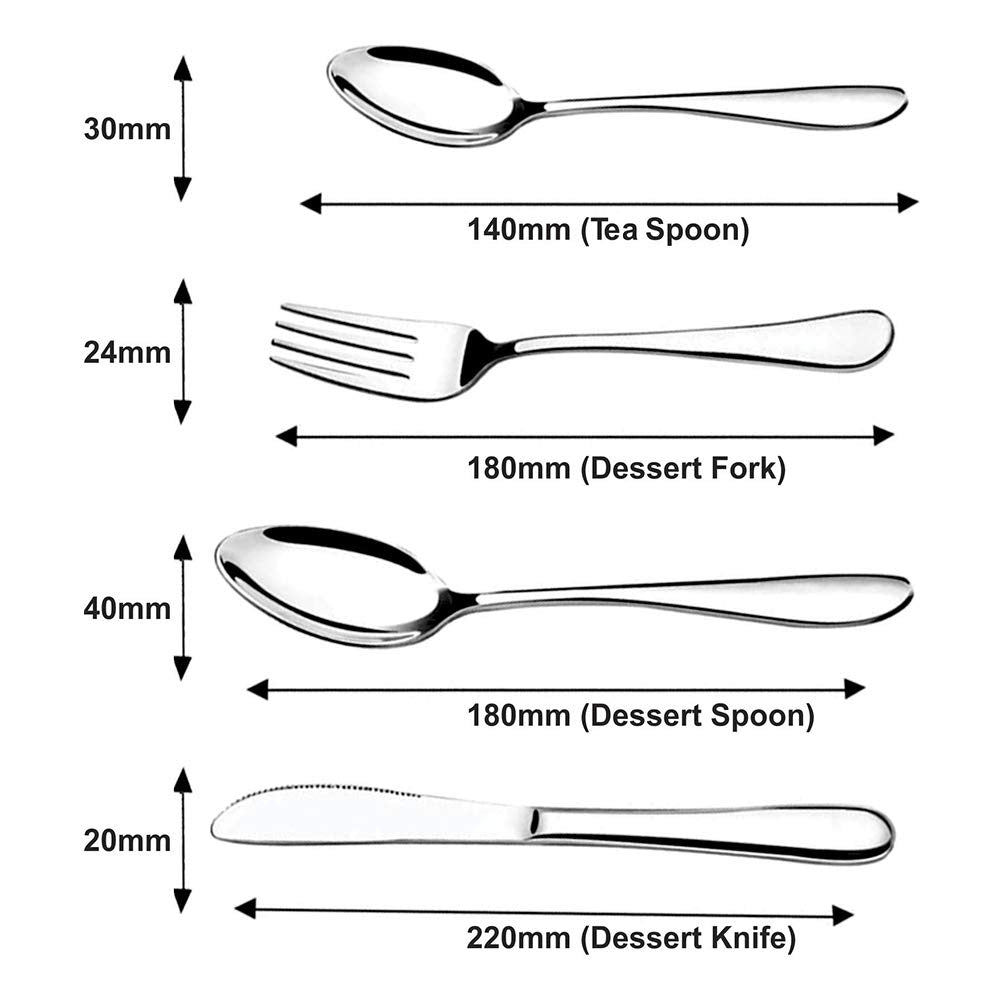 Diagram showing measurements of teaspoon, dessert fork, dessert spoon, and dessert knife in millimeters.