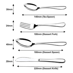 Diagram showing measurements of teaspoon, dessert fork, dessert spoon, and dessert knife in millimeters.