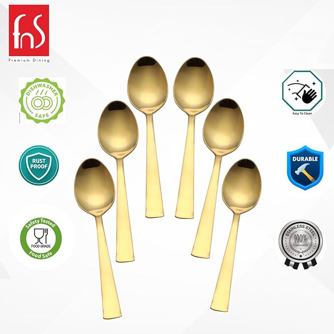 Gold dessert spoon set 6-piece infographic showing dishwasher safe, rust proof, easy to clean, durable, food safe, and stainless steel features