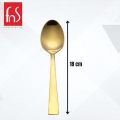 Gold dessert spoon size measurement chart showing 18cm length with tapered handle and rounded bowl design