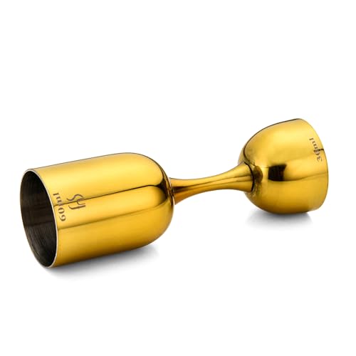 Gold finish double jigger lying on side showing 60ml and 30ml measurement markings and hourglass stem design on white background