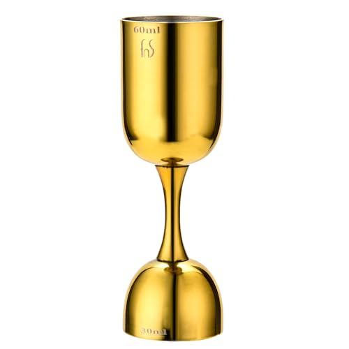 FNS gold plated double jigger with 60ml marking on top cup and hourglass stem design on white background