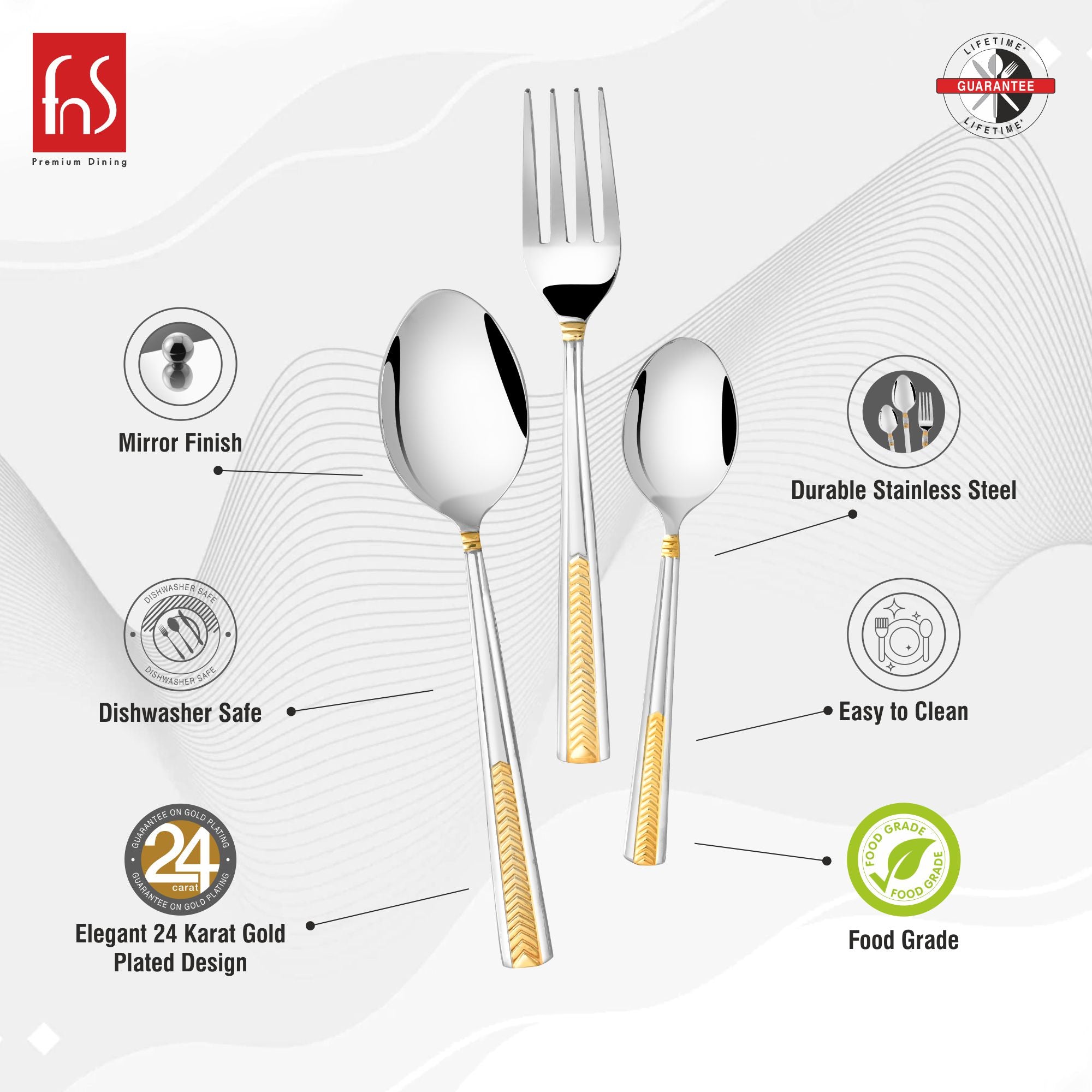 Stainless steel cutlery set with 24K gold-plated handles, food grade, mirror finish, dishwasher safe.
