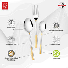 Stainless steel cutlery set with 24K gold-plated handles, food grade, mirror finish, dishwasher safe.