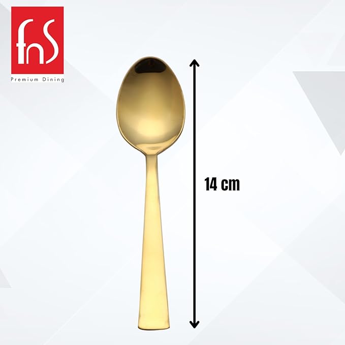 Gold tea spoon size measurement chart showing 14cm length with tapered handle design