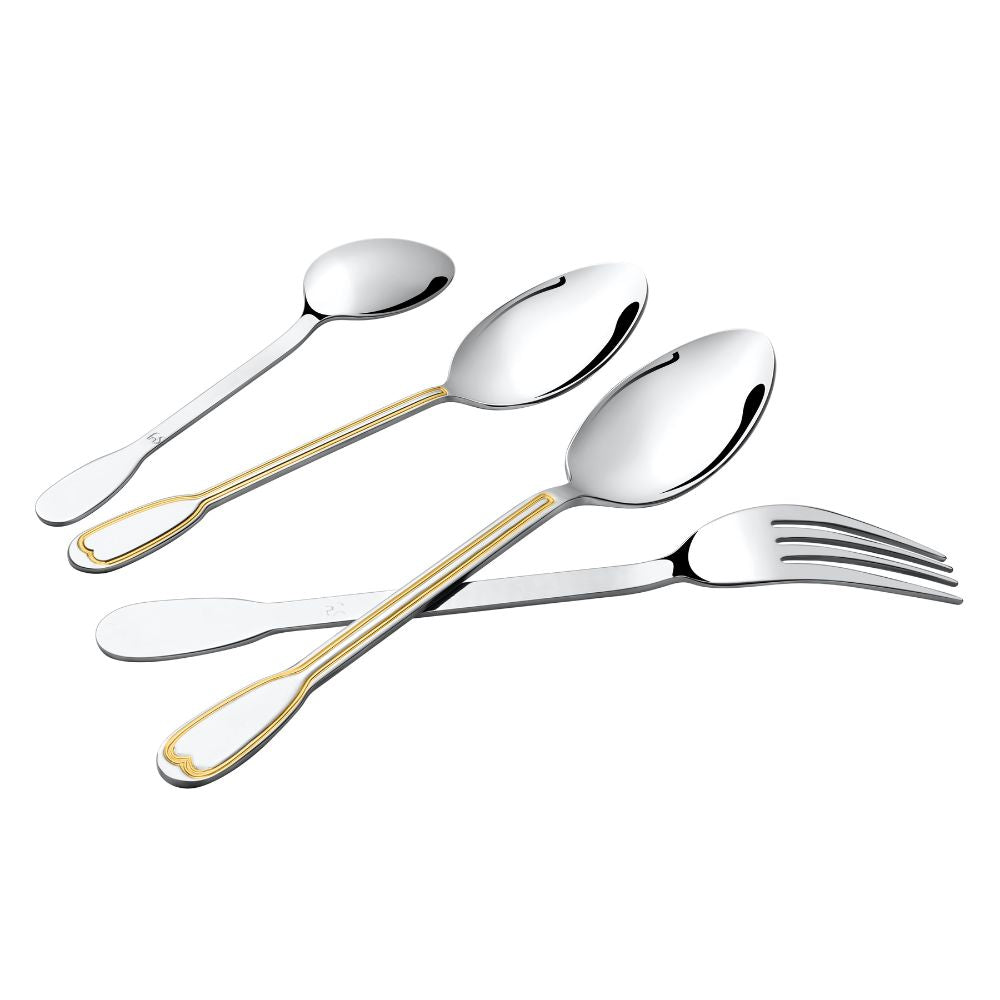 Gold-trimmed cutlery set arranged diagonally on white surface, showcasing elegant design and polished finish.