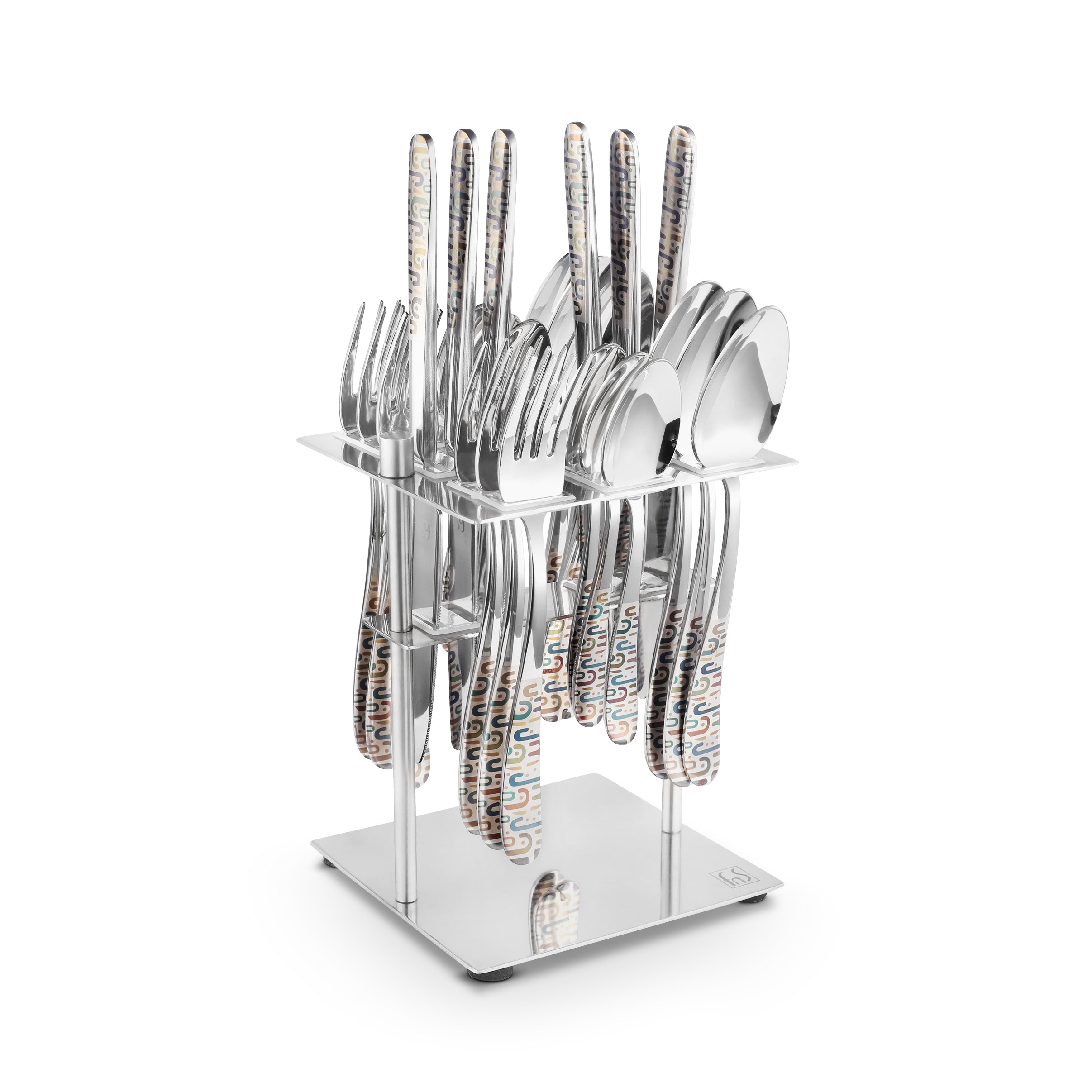 Glossy cutlery set with multicolor patterned handles organized in a vertical silver stand on white background.