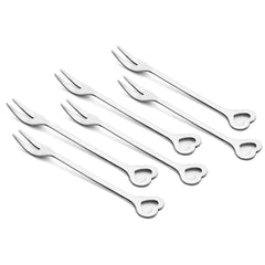 Six stainless steel heart-shaped fruit forks arranged on white background