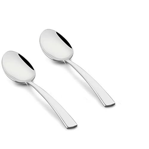 Two large dinner spoons with smooth, rounded heads and clean-lined handles shown on white surface.