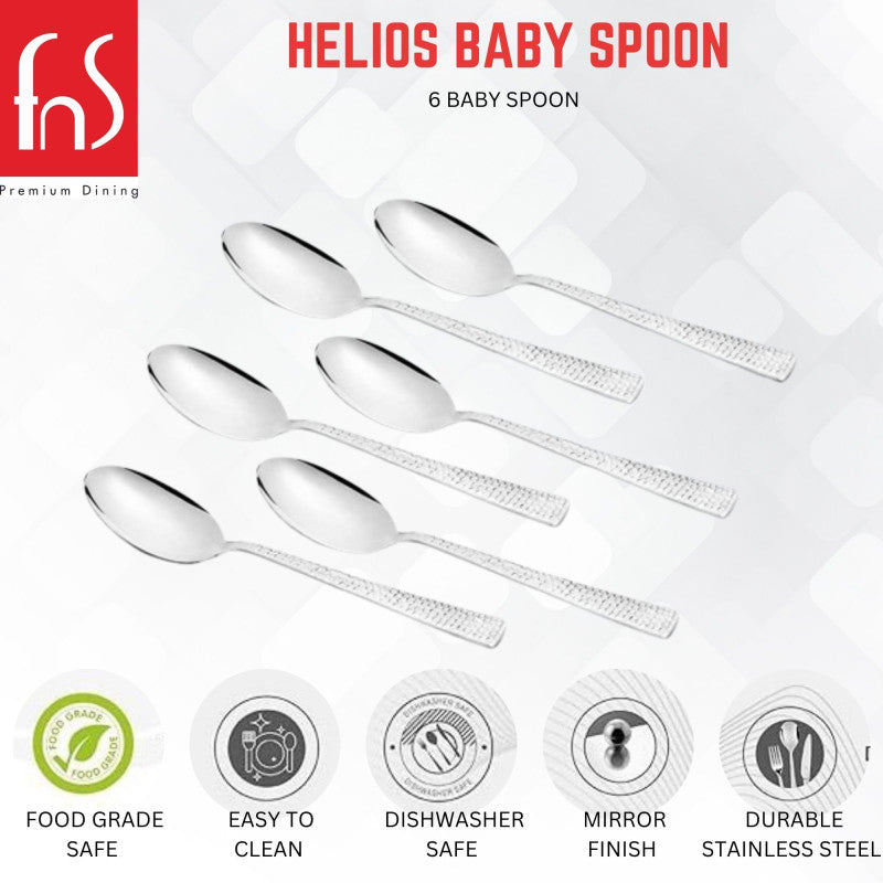 Helios Baby Spoon 6-piece set infographic showing food grade safe, easy to clean, dishwasher safe, mirror finish, and durable stainless steel features