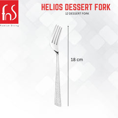 Single stainless steel dessert fork with measurement showing 18 cm length against white