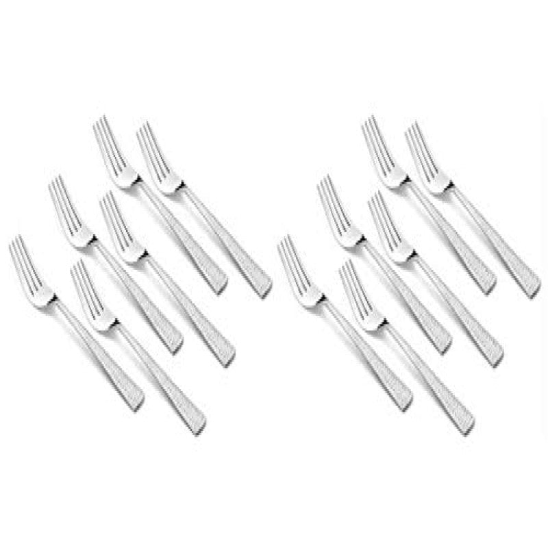 Twelve stainless steel dessert forks with textured handles arranged in two groups on white