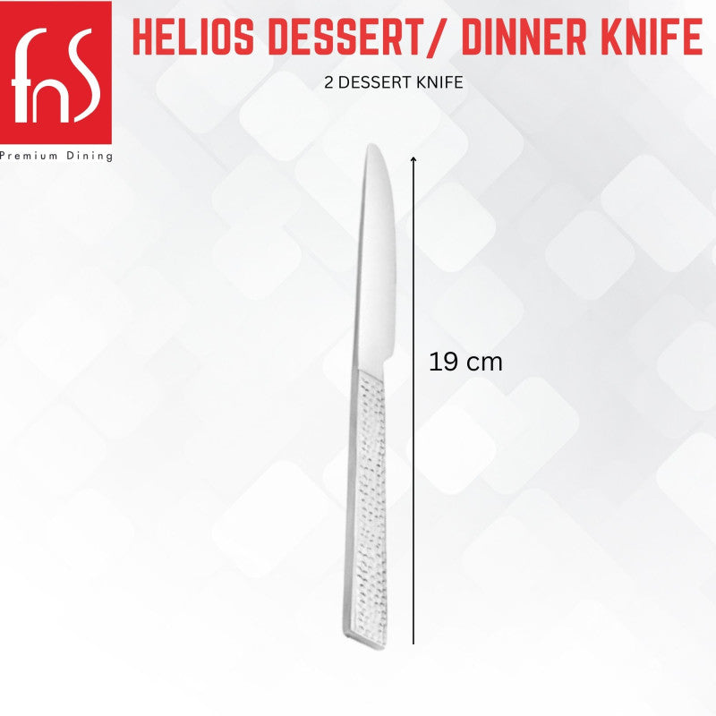 Single FnS Helios dessert/dinner knife measuring 19 centimeters in length with textured handle design displayed vertically against white background.
